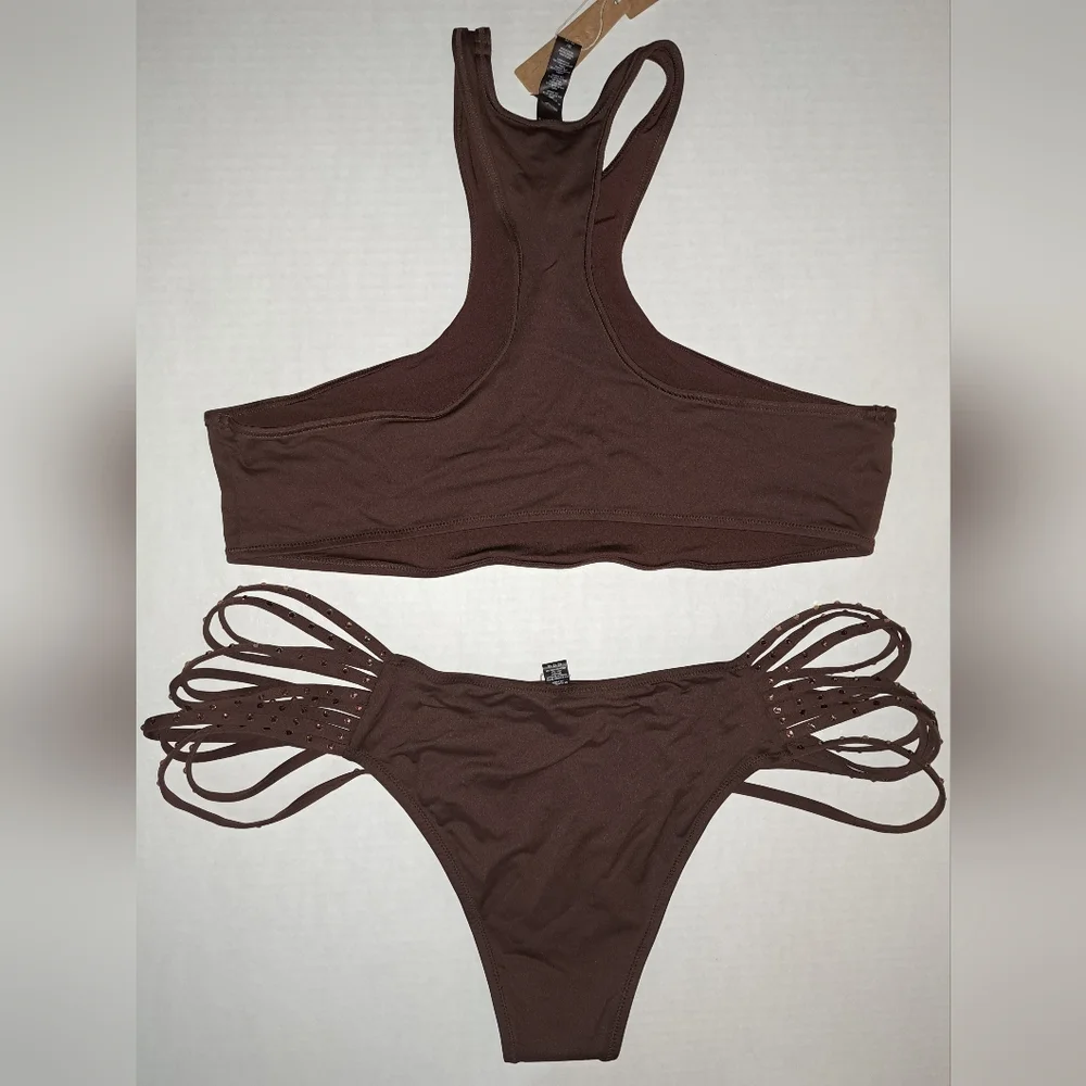 ❤️NWT SKIMS 2 Pc High neck racerback Swim Top Strappy Rhinestone Bikini COCOA 3X